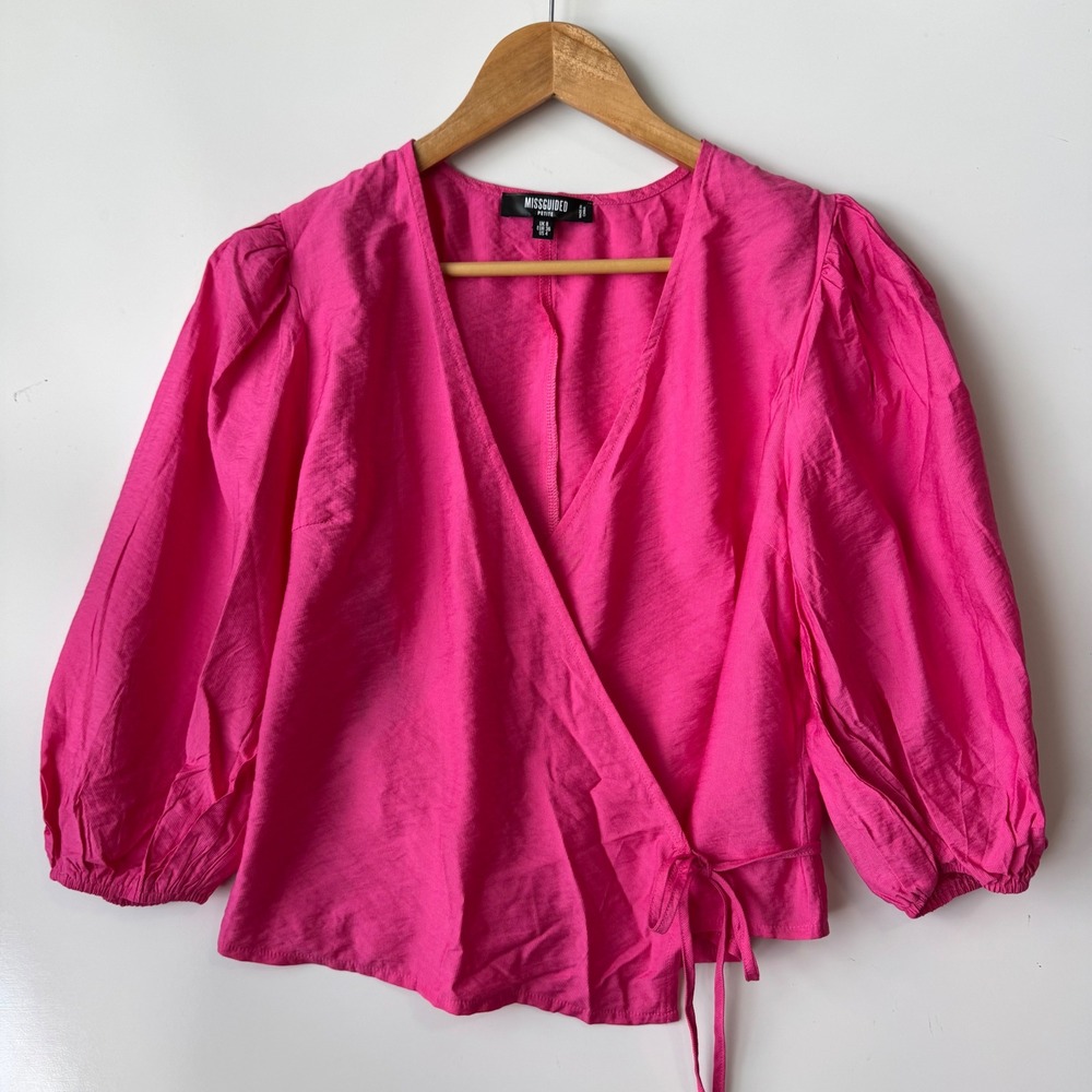Missguided Petite Wrap Blouse Puff Sleeve Tie Hot‎ Pink US 4